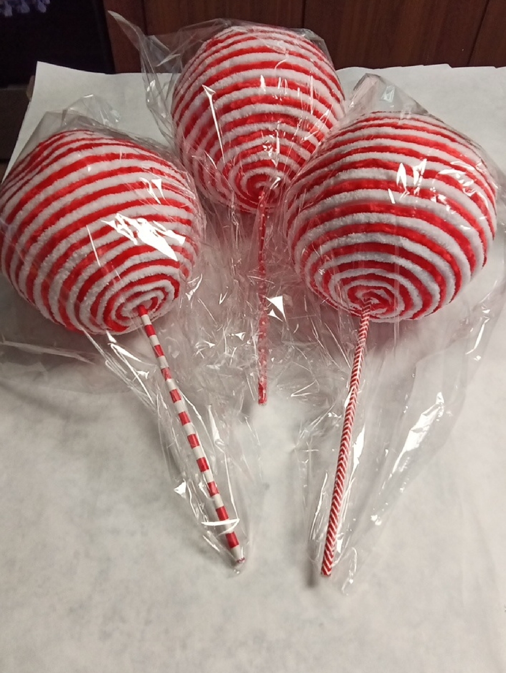 Giant 6" Hand Crafted Red and White Chenille Swirl Lollipop  Ball Party Picks